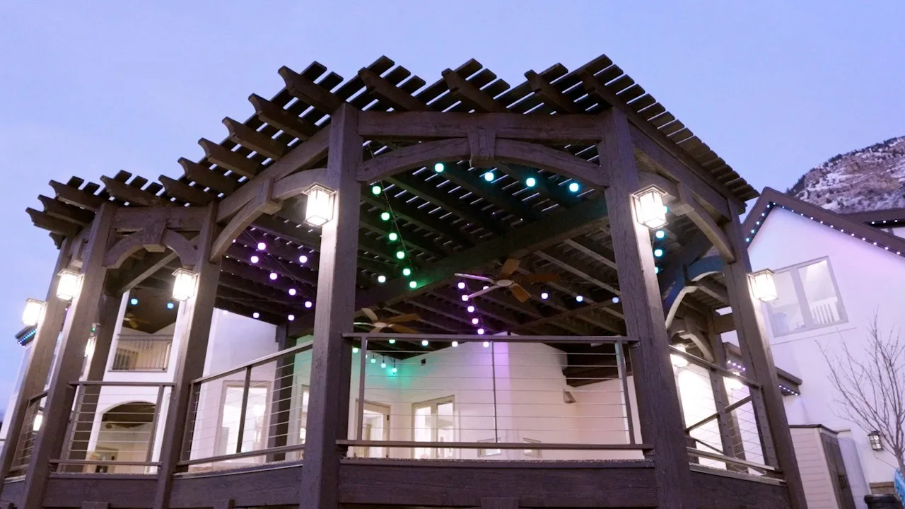 Pergola strung with Happy's patio lights
