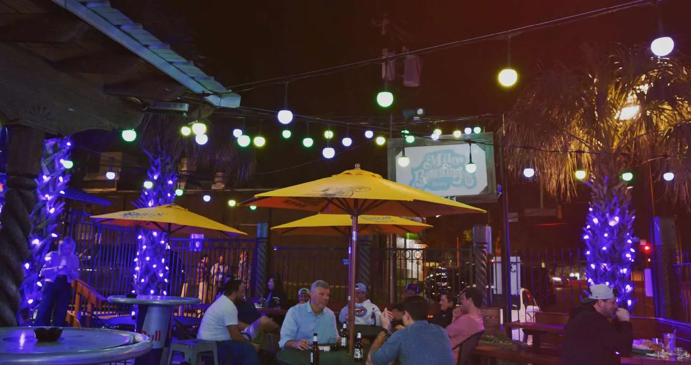 Restaurant patio lit with Happy's patio lights