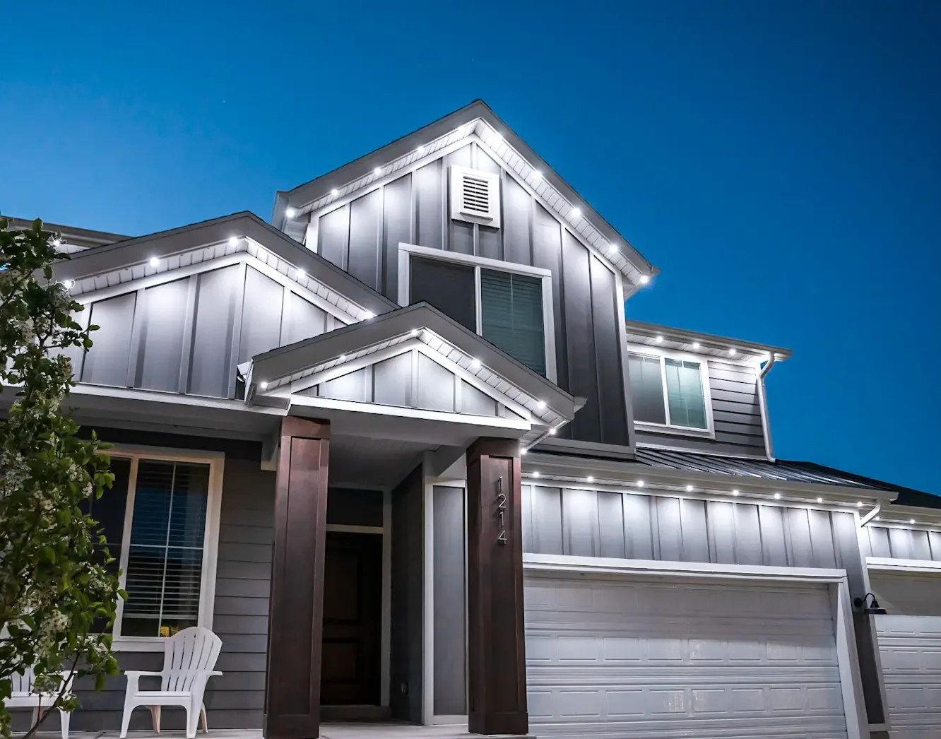 Home with Happy's lights scheduled to turn on at dusk