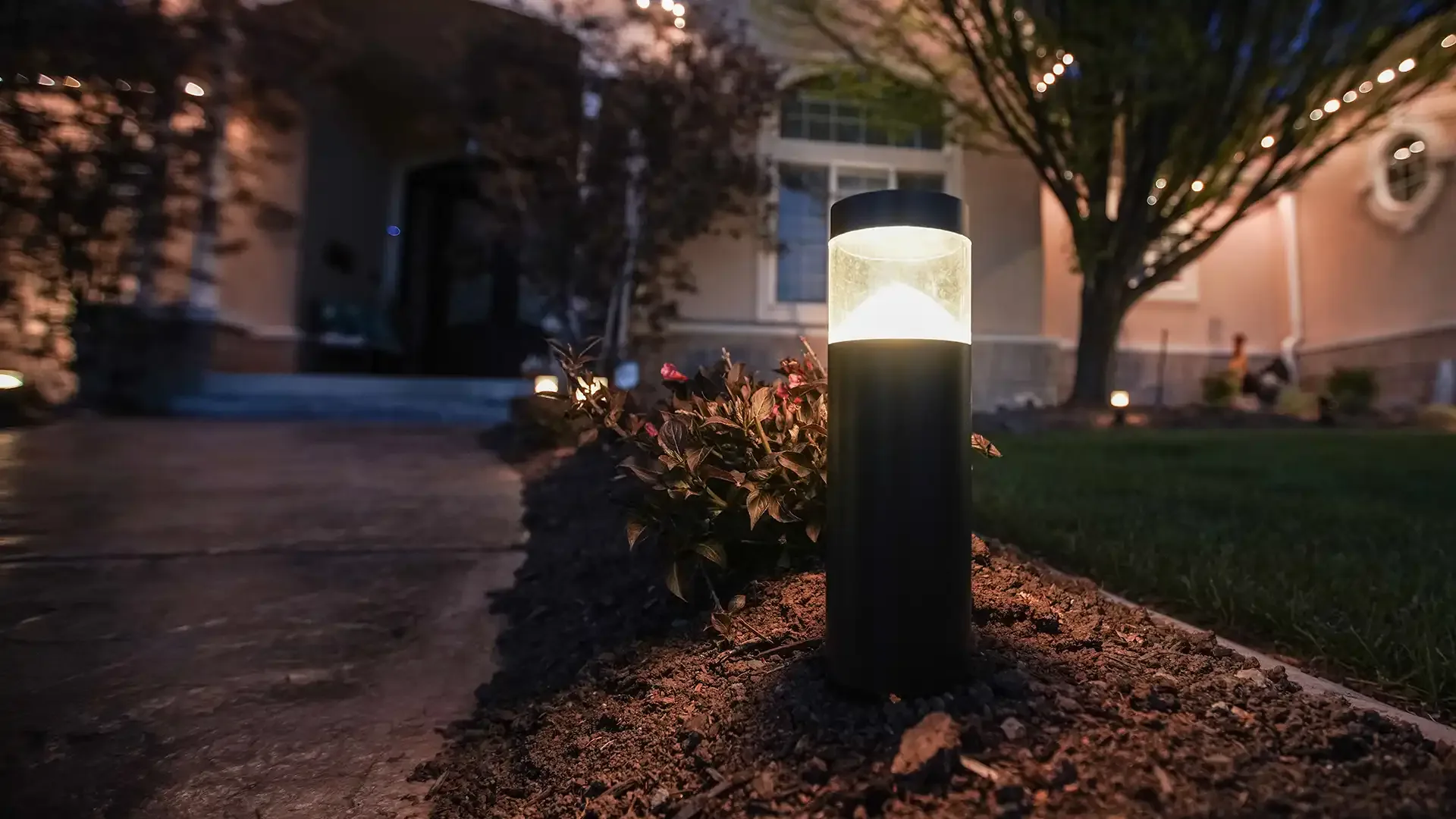 Happy's cylinder lights in a garden bed